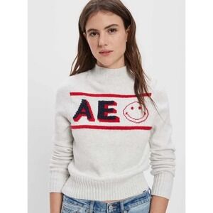 American Eagle Outfitters Gray AE Smiley Face Mock Neck Sweater Size Large Mew